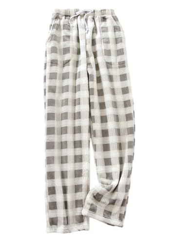 shownicer Plüschhose Herren Pyjamahose Flanell Plüsch Kariert Schlaf Lounge Hose Schlafanzughose Soft Fleece Pyjamahose Flanellhose Warme Freizeithose Loungehose F Weiß XXL von shownicer