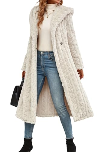 shownicer Plüschjacke Damen Lang Kapuzenmantel Winter Langarm Wintermantel Oversize Warm Weich Mantel mit Taschen A Beige XS von shownicer