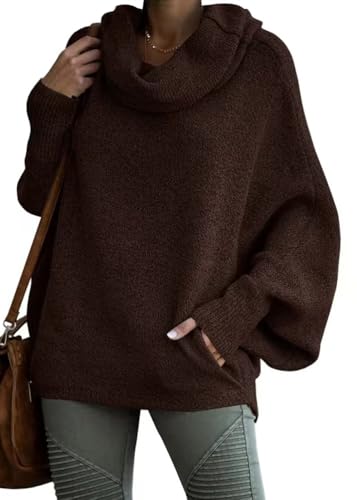 shownicer Pullover Damen Elegant Rollkragenpullover Langarm Strickpullover Lässiges Stricken Pulli Herbst Winter Oberteile A Dunkelbraun XL von shownicer