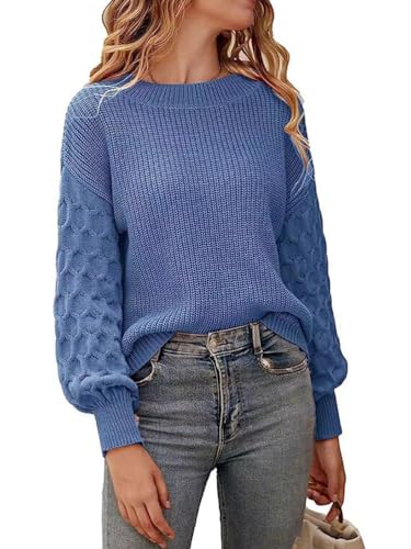 shownicer Pullover Damen Elegant Strickpullover Casual Lose Langarm Rundhals Pulli Oberteile Mode Einfarbig Strickpulli Herbst Winter Warm Sweater Tops A Blau XXL von shownicer