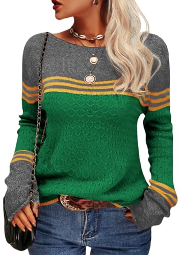 shownicer Pullover Damen Gestreift Strickpullover Rundhals Langarm Pulli Elegantes Colorblock Pullover Oberteile Tops Casual Warm Sweater Herbst Winter Sweatshirts A Grün3 M von shownicer