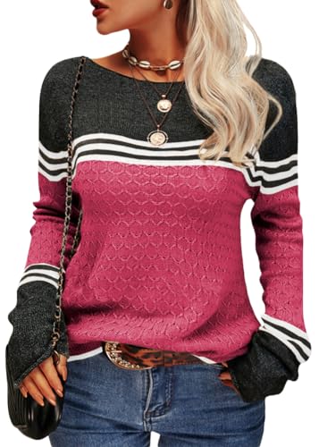 shownicer Pullover Damen Gestreift Strickpullover Rundhals Langarm Pulli Elegantes Colorblock Pullover Oberteile Tops Casual Warm Sweater Herbst Winter Sweatshirts A Rosa2 XL von shownicer