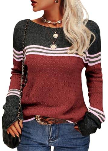 shownicer Pullover Damen Gestreift Strickpullover Rundhals Langarm Pulli Elegantes Colorblock Pullover Oberteile Tops Casual Warm Sweater Herbst Winter Sweatshirts A Rot L von shownicer