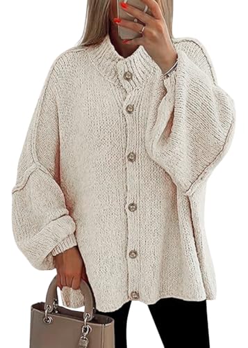 shownicer Pullover Damen Strickjacke Knopfleiste Elegant Laternenärmel Strickpullover Einfarbig Vintage Locker Casual Winter Strick Cardigan Sweater A Beige S von shownicer