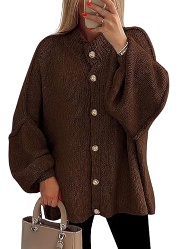 shownicer Pullover Damen Strickjacke Knopfleiste Elegant Laternenärmel Strickpullover Einfarbig Vintage Locker Casual Winter Strick Cardigan Sweater A Braun XS von shownicer
