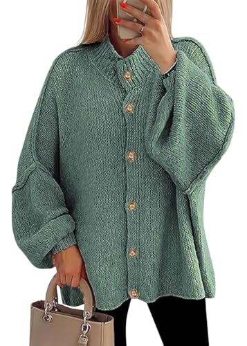 shownicer Pullover Damen Strickjacke Knopfleiste Elegant Laternenärmel Strickpullover Einfarbig Vintage Locker Casual Winter Strick Cardigan Sweater A Grün M von shownicer