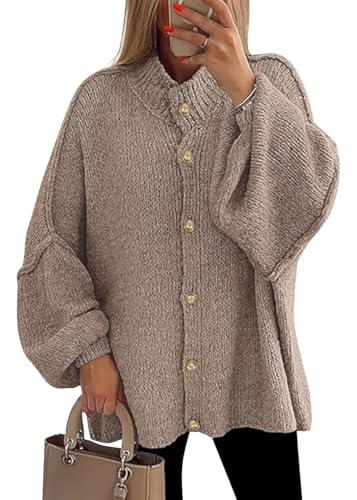 shownicer Pullover Damen Strickjacke Knopfleiste Elegant Laternenärmel Strickpullover Einfarbig Vintage Locker Casual Winter Strick Cardigan Sweater A Khaki L von shownicer
