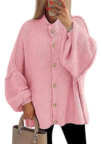 shownicer Pullover Damen Strickjacke Knopfleiste Elegant Laternenärmel Strickpullover Einfarbig Vintage Locker Casual Winter Strick Cardigan Sweater A Rosa M von shownicer