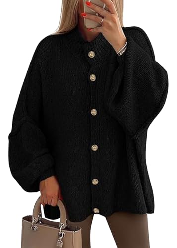 shownicer Pullover Damen Strickjacke Knopfleiste Elegant Laternenärmel Strickpullover Einfarbig Vintage Locker Casual Winter Strick Cardigan Sweater A Schwarz L von shownicer