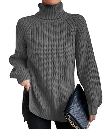 shownicer Pullover Damen Strickpullover Langarm Rollkragen Jumper Elegante Lässige Schlank Rollkragenpullover Einfarbig Casual Pulli Oberteile Sweater A Grau 3XL von shownicer