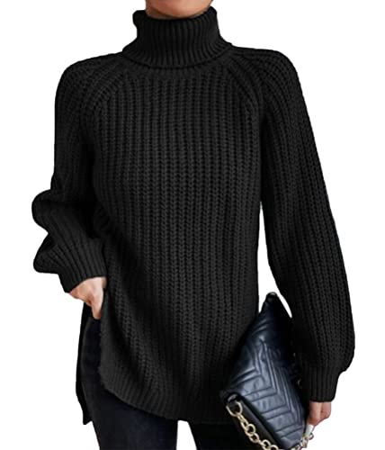 shownicer Pullover Damen Strickpullover Langarm Rollkragen Jumper Elegante Lässige Schlank Rollkragenpullover Einfarbig Casual Pulli Oberteile Sweater A Schwarz 3XL von shownicer