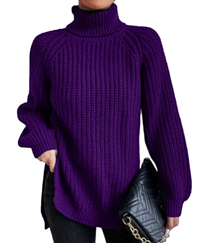 shownicer Pullover Damen Strickpullover Langarm Rollkragen Jumper Elegante Lässige Schlank Rollkragenpullover Einfarbig Casual Pulli Oberteile Sweater A Violett 3XL von shownicer