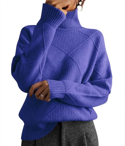shownicer Pullover Damen Strickpullover Rollkragen Pullover Langarm Elegant Pulli Einfarbig Lose Pullover Oberteile Tops Casual Warm Sweater Herbst Winter A Blau XL von shownicer