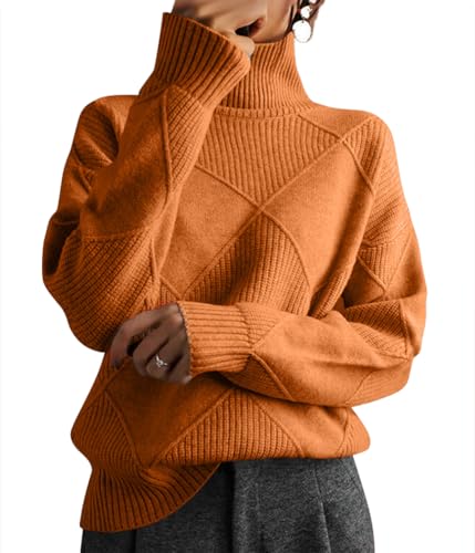 shownicer Pullover Damen Strickpullover Rollkragen Pullover Langarm Elegant Pulli Einfarbig Lose Pullover Oberteile Tops Casual Warm Sweater Herbst Winter A Orange 3XL von shownicer