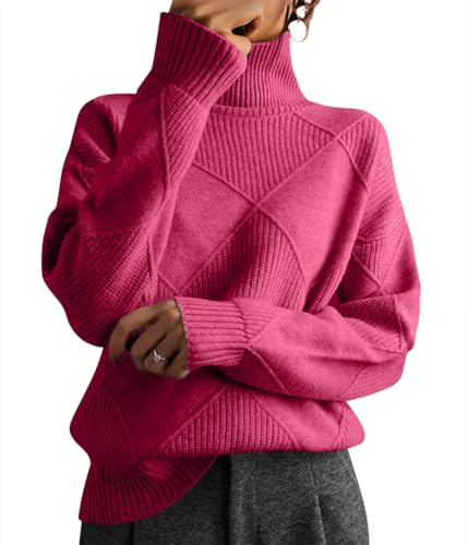 shownicer Pullover Damen Strickpullover Rollkragen Pullover Langarm Elegant Pulli Einfarbig Lose Pullover Oberteile Tops Casual Warm Sweater Herbst Winter A Rosa L von shownicer
