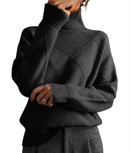 shownicer Pullover Damen Strickpullover Rollkragen Pullover Langarm Elegant Pulli Einfarbig Lose Pullover Oberteile Tops Casual Warm Sweater Herbst Winter A Schwarz XS von shownicer