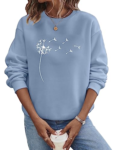 shownicer Pullover Damen Sweatshirt Pusteblume Briefe Drucken Langarm Rundhals Pulli Herbst Winter Frauen Buchstaben Druck Locker Casual Oberteil Sport Streetwear Sweatshirts Bluse Tops A Blau XL von shownicer