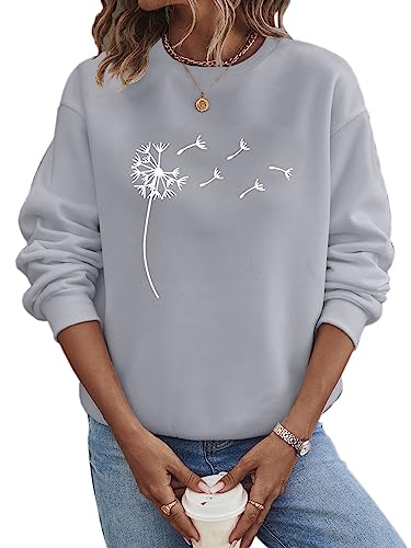 shownicer Pullover Damen Sweatshirt Pusteblume Briefe Drucken Langarm Rundhals Pulli Herbst Winter Frauen Buchstaben Druck Locker Casual Oberteil Sport Streetwear Sweatshirts Bluse Tops A Grau XL von shownicer