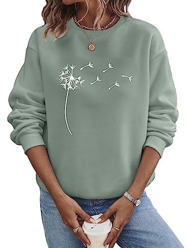 shownicer Pullover Damen Sweatshirt Pusteblume Briefe Drucken Langarm Rundhals Pulli Herbst Winter Frauen Buchstaben Druck Locker Casual Oberteil Sport Streetwear Sweatshirts Bluse Tops A Grün M von shownicer