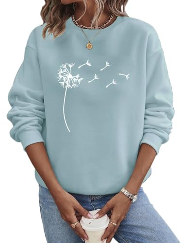 shownicer Pullover Damen Sweatshirt Pusteblume Briefe Drucken Langarm Rundhals Pulli Herbst Winter Frauen Buchstaben Druck Locker Casual Oberteil Sport Streetwear Sweatshirts Bluse Tops A Hellgrün L von shownicer