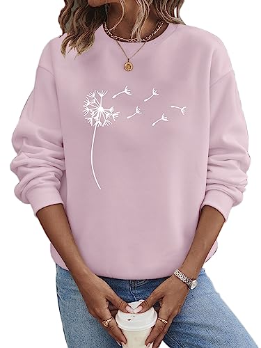 shownicer Pullover Damen Sweatshirt Pusteblume Briefe Drucken Langarm Rundhals Pulli Herbst Winter Frauen Buchstaben Druck Locker Casual Oberteil Sport Streetwear Sweatshirts Bluse Tops A Rosa XXL von shownicer
