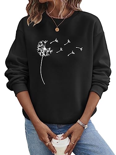 shownicer Pullover Damen Sweatshirt Pusteblume Briefe Drucken Langarm Rundhals Pulli Herbst Winter Frauen Buchstaben Druck Locker Casual Oberteil Sport Streetwear Sweatshirts Bluse Tops A Schwarz L von shownicer