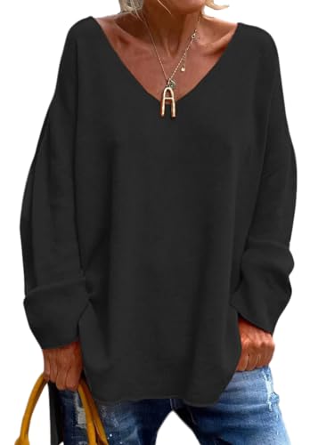 shownicer Pullover Damen V-Ausschnitt Pullover Strickpullover Oversize Einfarbig Strickpulli Langarm Herbst Strickpulli Damen Winterpullover B Schwarz XL von shownicer