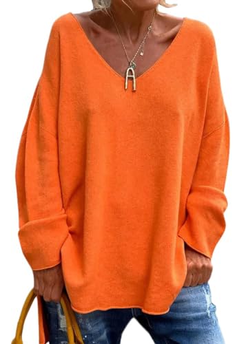 shownicer Pullover Damen V-Ausschnitt Pullover Strickpullover Oversize Einfarbig Strickpulli Langarm Strickpulli Damen Winterpullover B Orange XXL von shownicer
