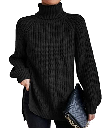 shownicer Pullover Damen Winterpullis Warm Rollkragenpullover Strickpullover Wrap Gestrickt Casual Langarmshirts Oberteile A Schwarz XXL von shownicer