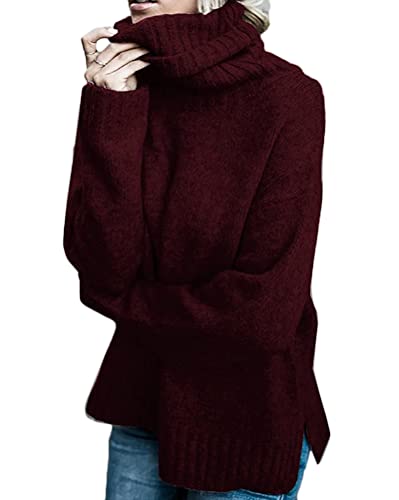 shownicer Pullover für Damen Elegant Winter Warm Halten Irregulär Rollkragen Strickpullover Grobstrickpullover Casual Lose Langarm Pulli Oberteile Sweater Kuscheliger Jumper Rot S von shownicer