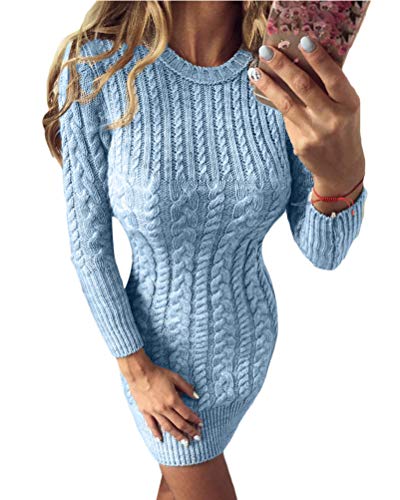 shownicer Pulloverkleid Damen Elegant Kleider Strickkleid V-Ausschnitt Langarm Tunika Kleid Slim Minikleid Blau XS von shownicer