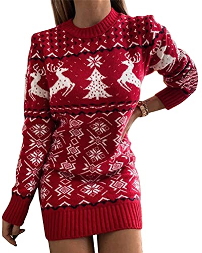 shownicer Pulloverkleid Damen Langarm Slim Fit Rundhals Weihnachtspullover Kleid Weihnachtskleid Strickkleid Langer Pullover Minikleid Partykleid B Rot XS von shownicer