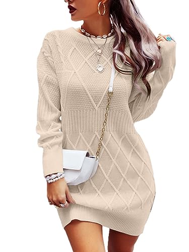 shownicer Pulloverkleid Damen Strickkleid Winter Sweater Kleid Rundhals Strickkleider Midi Einfarbig Wollkleid Pulli Warme Strick Winterkleid Minikleid Freizeitkleid A Aprikose L von shownicer