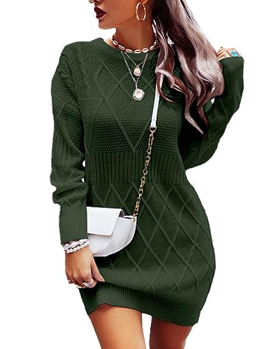 shownicer Pulloverkleid Damen Strickkleid Winter Sweater Kleid Rundhals Strickkleider Midi Einfarbig Wollkleid Pulli Warme Strick Winterkleid Minikleid Freizeitkleid A Armeegrün XS von shownicer