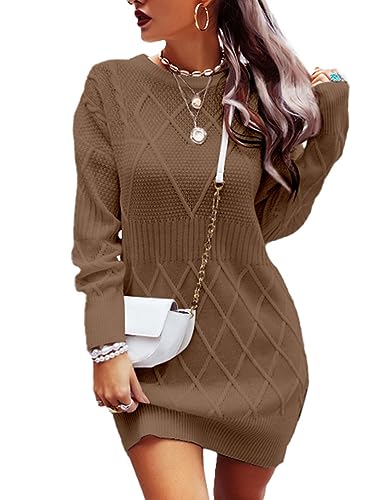 shownicer Pulloverkleid Damen Strickkleid Winter Sweater Kleid Rundhals Strickkleider Midi Einfarbig Wollkleid Pulli Warme Strick Winterkleid Minikleid Freizeitkleid A Braun L von shownicer