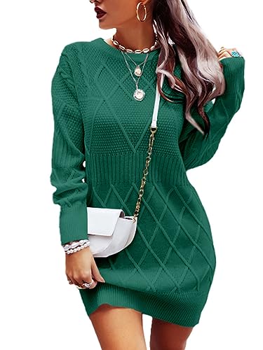 shownicer Pulloverkleid Damen Strickkleid Winter Sweater Kleid Rundhals Strickkleider Midi Einfarbig Wollkleid Pulli Warme Strick Winterkleid Minikleid Freizeitkleid A Grün XXL von shownicer