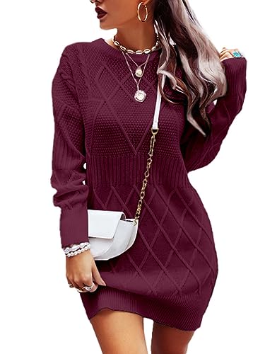 shownicer Pulloverkleid Damen Strickkleid Winter Sweater Kleid Rundhals Strickkleider Midi Einfarbig Wollkleid Pulli Warme Strick Winterkleid Minikleid Freizeitkleid A Violett M von shownicer