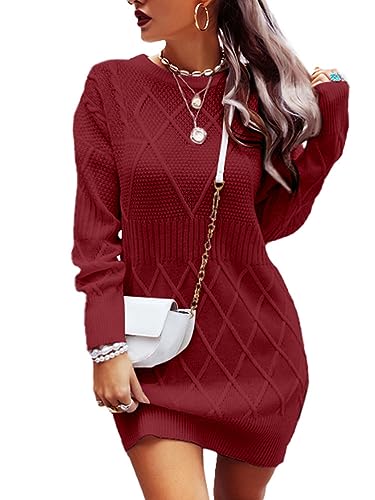 shownicer Pulloverkleid Damen Strickkleid Winter Sweater Kleid Rundhals Strickkleider Midi Einfarbig Wollkleid Pulli Warme Strick Winterkleid Minikleid Freizeitkleid A Weinrot XS von shownicer