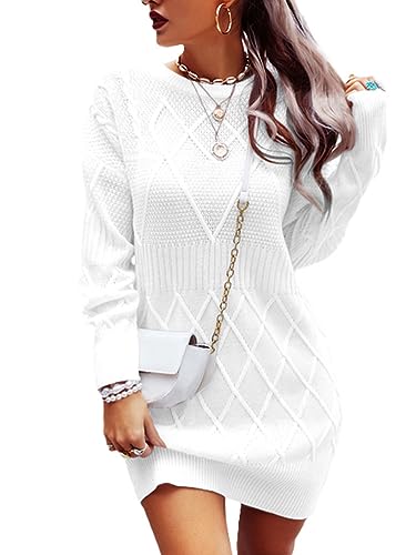 shownicer Pulloverkleid Damen Strickkleid Winter Sweater Kleid Rundhals Strickkleider Midi Einfarbig Wollkleid Pulli Warme Strick Winterkleid Minikleid Freizeitkleid A Weiß M von shownicer