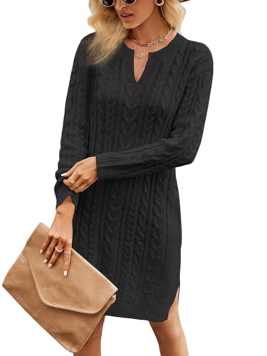 shownicer Pulloverkleid Damen Strickkleid Winter Sweater Kleid Rundhals Strickkleider Midi Einfarbig Wollkleid Pulli Warme Strick Winterkleid Minikleid Freizeitkleid C Schwarz XXL von shownicer