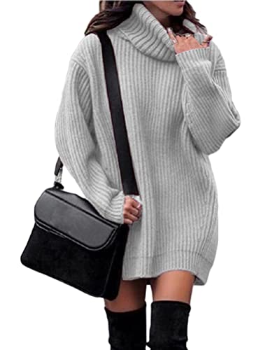 shownicer Pulloverkleid Damen V-Ausschnitt Elegant Strickkleid Langarm Pullover Tunika Kleid Mit Gürtel für Herbst Winter Hellgrau 3XL von shownicer