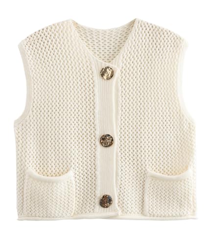 shownicer Pullunder Damen Stricken Weste Ärmellos Strick Casual Strickweste Einfarbig Strick Tank Top Sweater Freizeit Ärmelloser Strickpullunder A Weiß L von shownicer