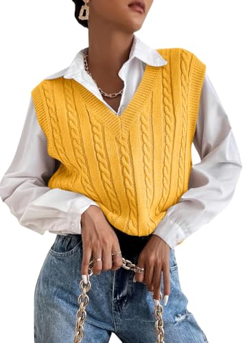 shownicer Pullunder Damen V-Ausschnitt Ärmellose Einfarbig Stricken Weste Pullunder Herbst Winter Strickweste Casual Strick Tank Top Sweater A Gelb XL von shownicer