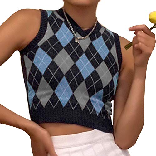 shownicer Pullunder Damen V Ausschnitt Strick Kariert Weste Mädchen Strickweste Kurz Ärmellos Weste Herbst Strickpullover Gestrickt Tank Top Oberteil A Navy S von shownicer