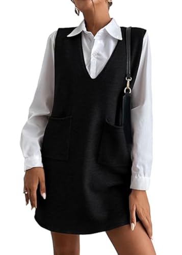 shownicer Pullunder Kleider Damen Herbst und Winter Strickwestenkleider Lange V-Ausschnitt Ärmellose Pulloverkleider A Schwarz M von shownicer