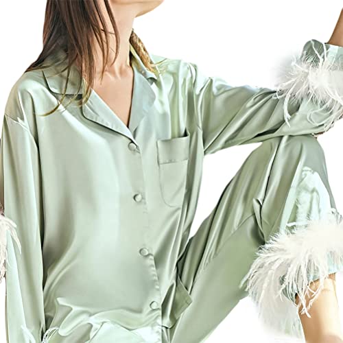 shownicer Pyjama Satin Damen Set Party Schlafanzug Lang Elegant Nachtwäsche Zweiteilige Sexy V-Ausschnitt Button Down Feder Einfarbig Pyjama Set Gift X2 Grün L von shownicer