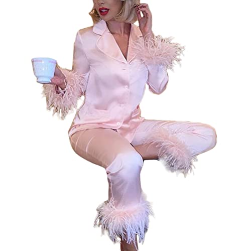 shownicer Pyjama Satin Damen Set Weihnachten Party Schlafanzug Lang Elegant Nachtwäsche Zweiteilige Sexy V-Ausschnitt Button Down Feder Einfarbig Pyjama Set Gift Rosa L von shownicer