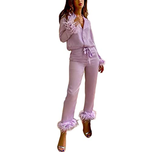 shownicer Pyjama Satin Damen Set Weihnachten Party Schlafanzug Lang Elegant Nachtwäsche Zweiteilige Sexy V-Ausschnitt Button Down Feder Einfarbig Pyjama Set Gift Violett L von shownicer