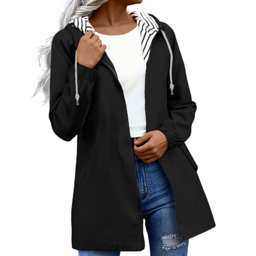 shownicer Regenjacke Damen Lang Wasserdicht Atmungsaktiv Regenmantel Leichte Windbreaker Übergangsjacke Dünne Regenjacken Outdoorjacke Windjacke mit Kapuze A Schwarz S von shownicer