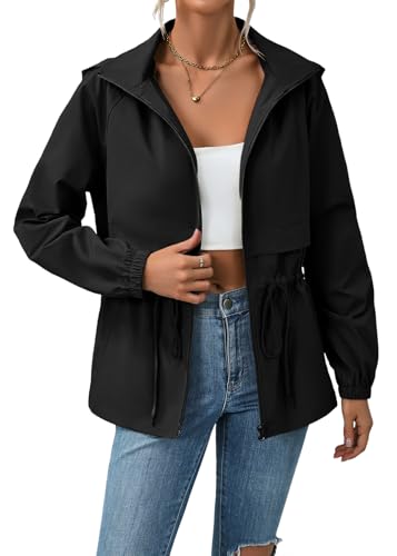 shownicer Regenjacke Damen Wasserdicht Atmungsaktiv Regenmantel Leichte Jacke Windbreaker Übergangsjacke mit Kapuze Outdoorjacke A Schwarz L von shownicer